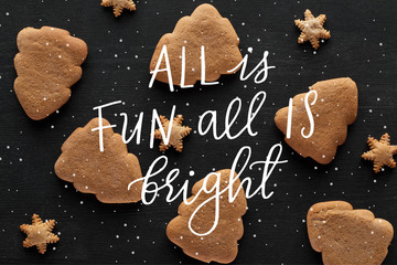 top view of snowflake and Christmas tree cookies on black wooden table with all is fun all is bright illustration