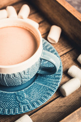 Cup of hot chocolate in winter decorations on the rustic background. Selective focus. Shallow depth of field.