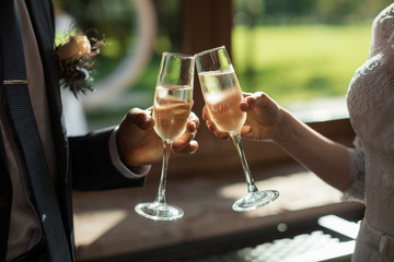 Romantic dinner or date with champagne glasses. Toast and clinking with alcoholic drinks....