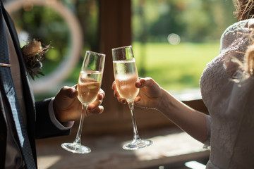Romantic dinner or date with champagne glasses. Toast and clinking with alcoholic drinks. Celebration on wedding party. Marriage concept
