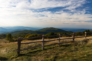 Fototapeta na wymiar Fenceline on Max Patch overlooking the Great Smoky Mountains National Park