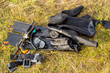 spearfishing equipment, selective focus - Extreme sports and hobbies - Warm vintage filter