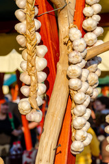 Bunches of garlic hanging on a rope for sale in the food market.