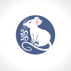 Year of the Rat 2020. Round vector template with white cute rat smiling.