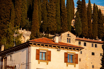 Fototapeta premium Beautiful aerial view panorama city bridge sunset Verona Italy