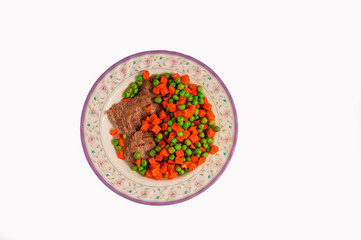 beef with vegetable carrot peas white background