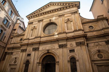 Fototapeta na wymiar Milan, facade of the church of Santa Maria at San Satiro. Perspective illusion of the apse. Bramante