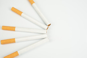 Close up of group of unlit cigarettes isolated on a white background