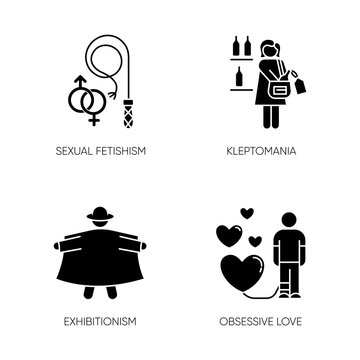 Mental disorder glyph icons set. Sexual fetishism. Kleptomania. Exhibitionism. Obsessive love. Steal alcohol. Possessive relationship. Perversion. Silhouette symbols. Vector isolated illustration