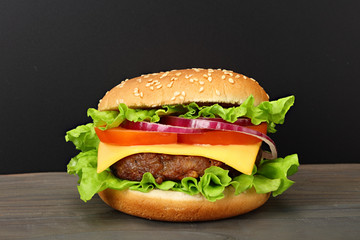 bbq hamburger with vegetables, spices on dark wooden background