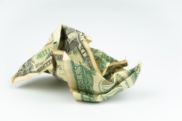 Close up of crumpled US dollar bill isolated on white background