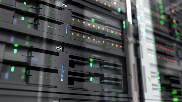 Slow tracking shot of server units in cloud service data center showing flickering light indicators for massive data connection bandwidth, close up shot.