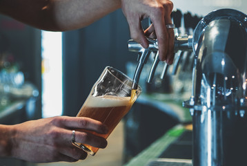 bartender hand at beer tap pouring a draught beer in glass serving in a restaurant or pub
