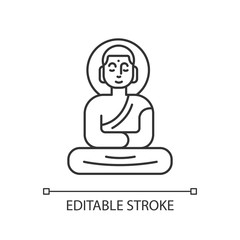 Buddha statue linear icon. Sitting meditation in lotus pose. Symbol of harmony. Oriental religious sculpture. Thin line illustration. Contour symbol. Vector isolated outline drawing. Editable stroke