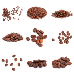 collage of Coffee beans isolated on a white background area for copy space.