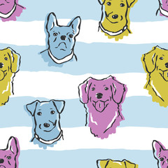 Vector dogs on blue stripes seamless pattern. Jack russell terrier, golden retriever, french bulldog drawings. Kids design or veterinary branding.