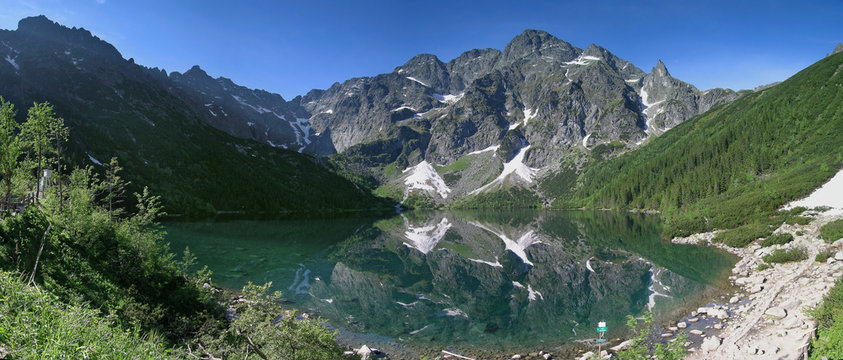 Panorama Morskie Oko Schronisko - Odbicie - Rysy, Mięguszowieckie Szczyty, Mnich, Cubryna, Przełęcz pod Chłopkiem