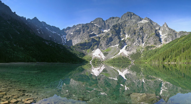 Panorama Morskie Oko - Odbicie - Rysy, Mięguszowieckie Szczyty, Mnich, Cubryna, Przełęcz pod Chłopkiem