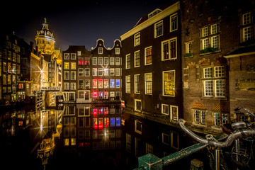 urbain, fleuve, ville de nuit, lumière de nuit, Amsterdam, Hollande, Transport, bâtiment, ville, architecture, eau, canal, voyage, tourisme, Europe, vieux, pont