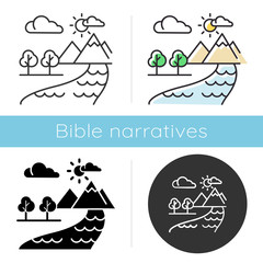 The Beginning Bible story icon. World creation. Earth, paradise, heaven. Religious legend. Christian religion. Biblical narrative. Glyph, chalk, linear and color styles. Isolated vector illustrations