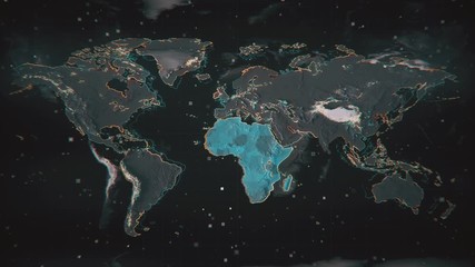 Glowing Africa on textured Earth map with highlighted contours and visual hud elements. Technological futuristic space view of the World map.