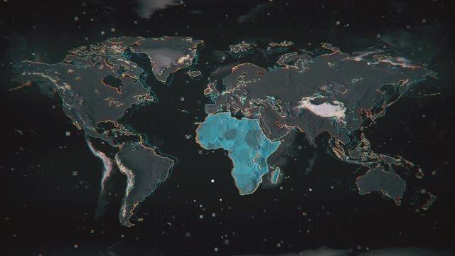 Glowing Africa on textured Earth map with highlighted contours and visual hud elements. Technological futuristic space view of the World map.