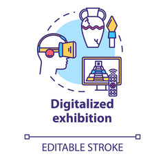 Digitalized exhibition concept icon. Interactive fair venue in cyberspace. Video museum tour. Virtual reality exposition idea thin line illustration. Vector isolated outline drawing. Editable stroke