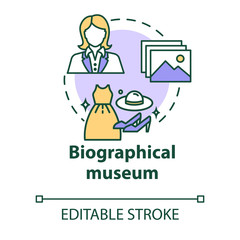 Biographical museum concept icon. Cultural materials exposition. Clothes, belongings. Famous person history exhibition idea thin line illustration. Vector isolated outline drawing. Editable stroke