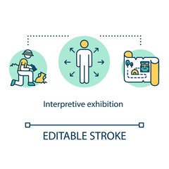 Interpretive exhibition concept icon. Ancient archeological artifacts. Antique history. Interactive museum exposition idea thin line illustration. Vector isolated outline drawing. Editable stroke