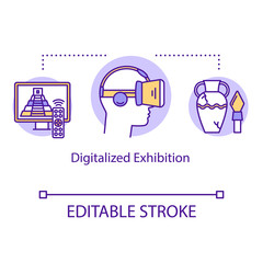 Digitalized exhibition concept icon. Video tour venue. Interactive multimedia. Virtual reality online exposition idea thin line illustration. Vector isolated outline drawing. Editable stroke