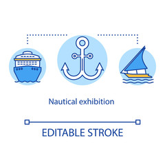 Fototapeta na wymiar Nautical exhibition concept icon. Open-air museum. Aquatic transport display. Navy vessel. Maritime exposition idea thin line illustration. Vector isolated outline drawing. Editable stroke
