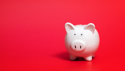 Composition with piggy bank isolated on red background.