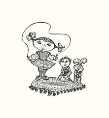 Children in the children's room. Hand-drawn graphic illustration. EPS 10 vector.