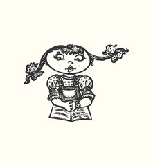 Little girl reading a book. Graphic black and white isolated illustration is manually drawn. EPS 10 vector.