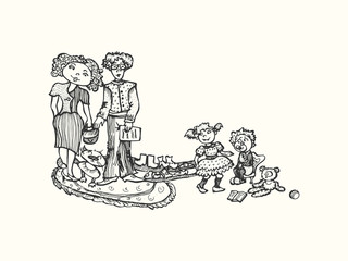 Children and parents. Graphic black and white isolated illustration is manually drawn. EPS 10 vector.