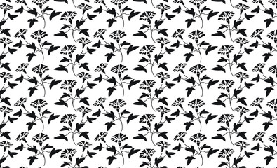 Seamless pattern with black flowers and black leaves.
