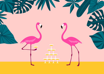 Pink Flamingo drinking margarita from champagne tower on tropical beach. Exotic birds. © Ava Ava