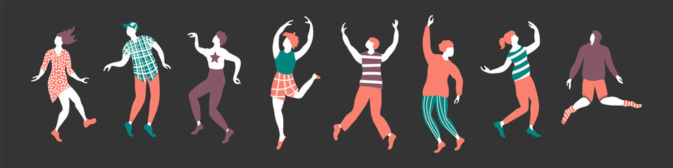 Horizontal banner with dancing people. Set of figures isolated on dark background. Vector illustration.