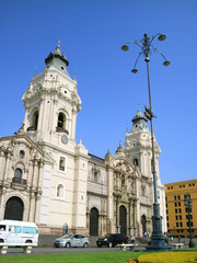 Fototapeta na wymiar Basilica Cathedral of Lima on Plaza Mayor Square in Lima, Peru, South America