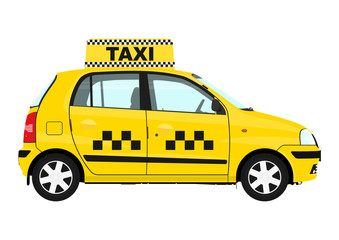 Side view of small yellow taxicab. Vector.
