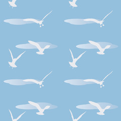 Flying seagulls. White silhouette of birds on a blue background. Vector seamless pattern.