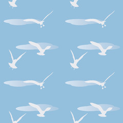 Flying seagulls. White silhouette of birds on a blue background. Vector seamless pattern.