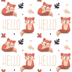 Seamless autumn pattern with fox, leaves, wild