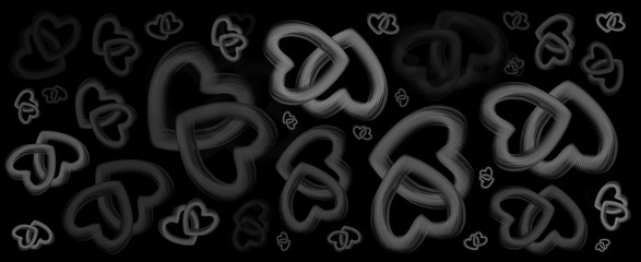 digital illustration black and white hearts Valentines background isolated black