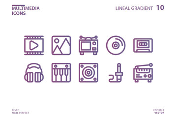 Icon collection of Multimedia in Lineal Gradient style. vector illustration and editable stroke. Isolated on white background.