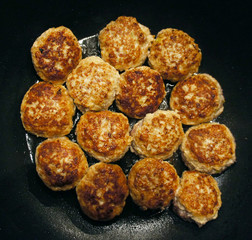 Fried meat cutlets rissole meatballs of minced pork in a pan.