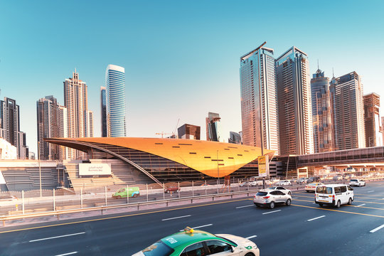 26 November 2019, United Arab Emirates, Dubai: Business Bay Metro Station In Downtown District