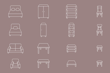 Furniture Icons set - Vector outline symbols of sofa, chair, table, bed, armchair and closet for the site or interface
