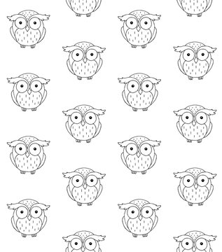Vector seamless pattern of outline hand drawn doodle sketch owl isolated on white background