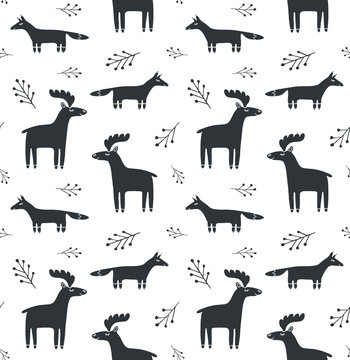 Vector seamless pattern of black Scandinavian hand drawn doodle sketch fox and deer animals isolated on white background